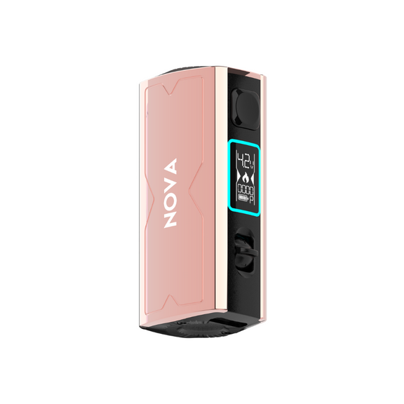 Rose gold vape device with digital display on a white background