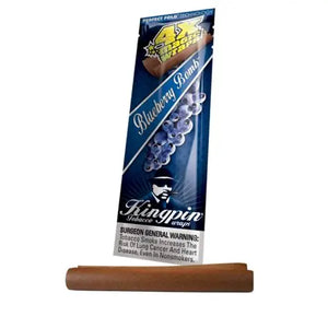 Kingpin Blueberry Bomb tobacco wraps packaging with a warning label on a white background
