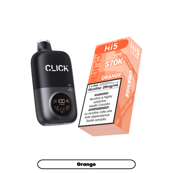 Black Click device with an orange vape cartridge packaging on a white background