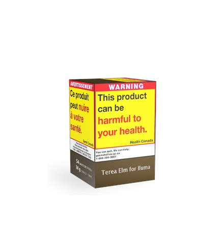 Product packaging with health warning label on a white background