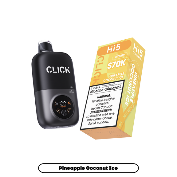 Black Click device with a box of Hi5 vape pens on a white background