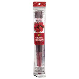 Packaged red rose sticks with Aroma Fusion branding on a white background