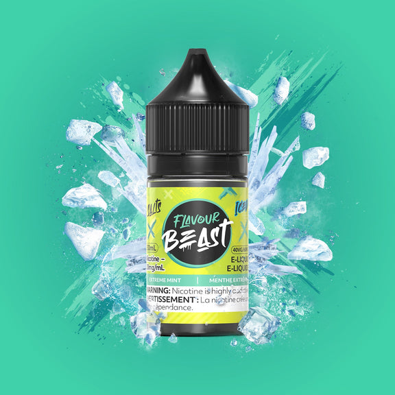 Flavour Beast e-liquid bottle with ice cubes on a green background