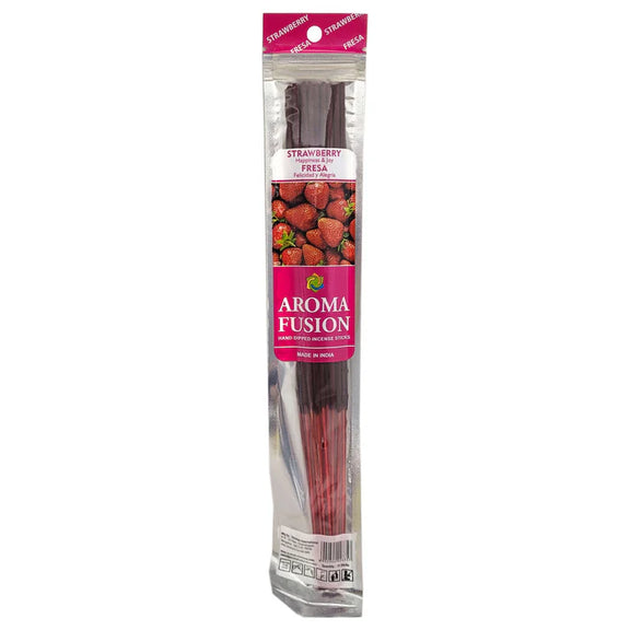 Packaged strawberry-flavored sticks with Aroma Fusion branding on a white background
