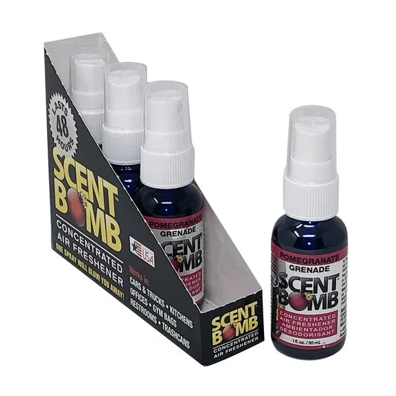 Scent Bomb air freshener bottles with packaging on a white background