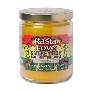 Jar of Rasta Love Smoke Odor Exterminator Candle on a white background