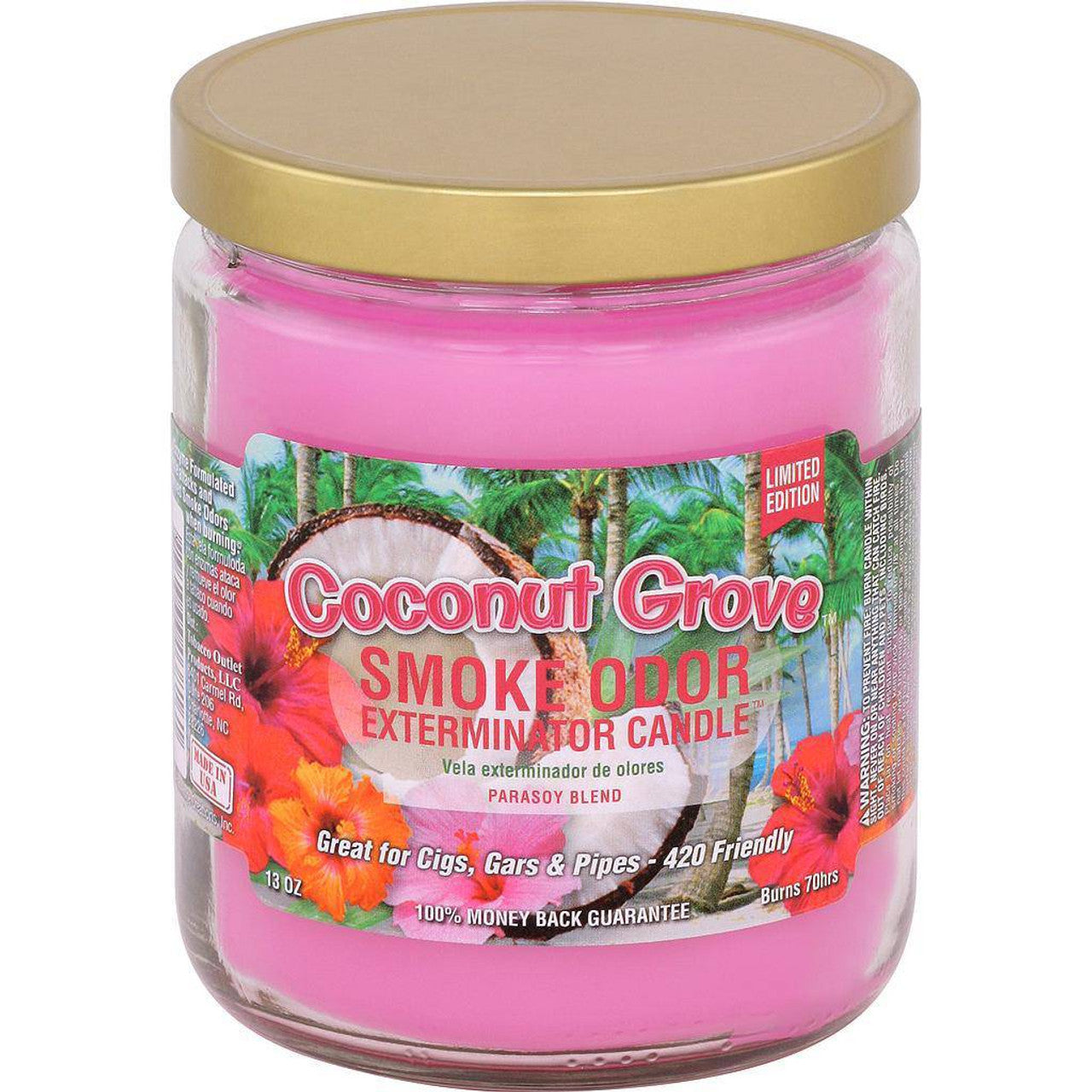 Pink candle in a glass jar with a gold lid, featuring a coconut grove label on a white background.