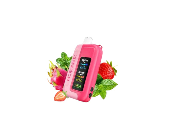Pink electronic device with a digital display surrounded by strawberries and leaves on a white background