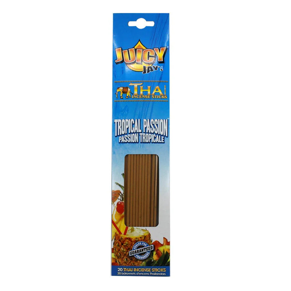 Pack of Juicy Jay's Thai Incense Sticks with blue packaging on a white background