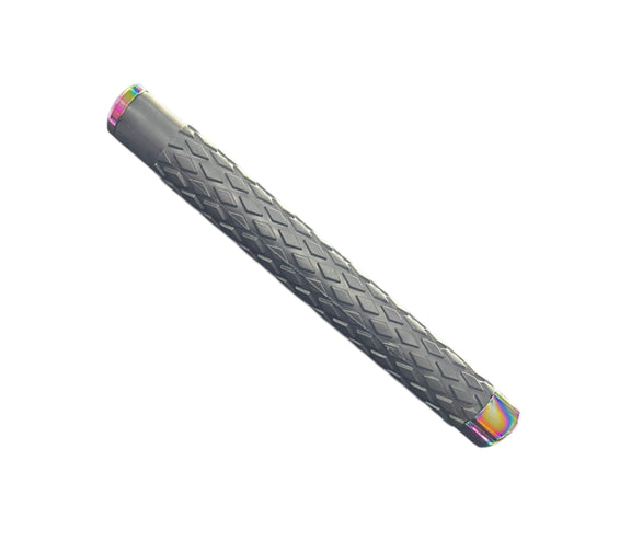 Gray textured handlebar grip with colorful ends on a white background