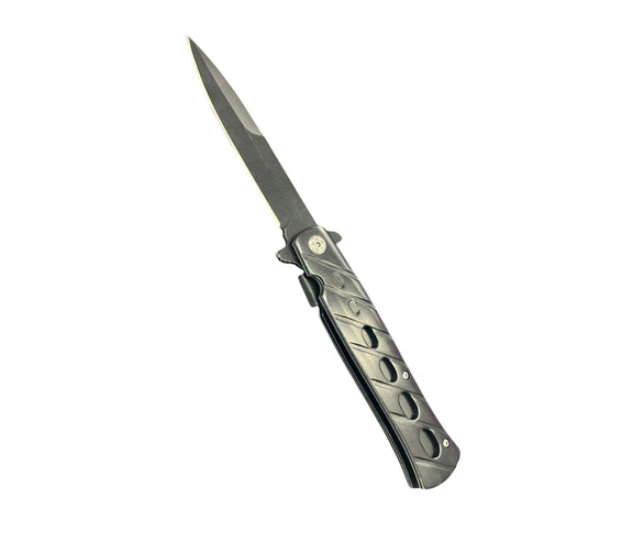 Folding knife with a metallic handle on a white background