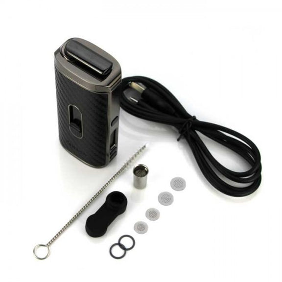 Black electronic device with accessories on a white background
