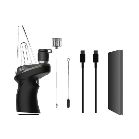 The image displays the Yocan Phaser MAX 2 Smart Rig, a portable vaporizer with advanced heating technology, an OLED display, and smart temperature control. The set includes the rig itself in black color, a glass mouthpiece, a wax dish, a Type-C charging cable, and a metallic tool.