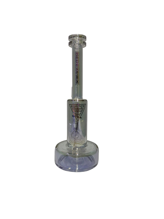 Clear glass water pipe with a logo on a white background