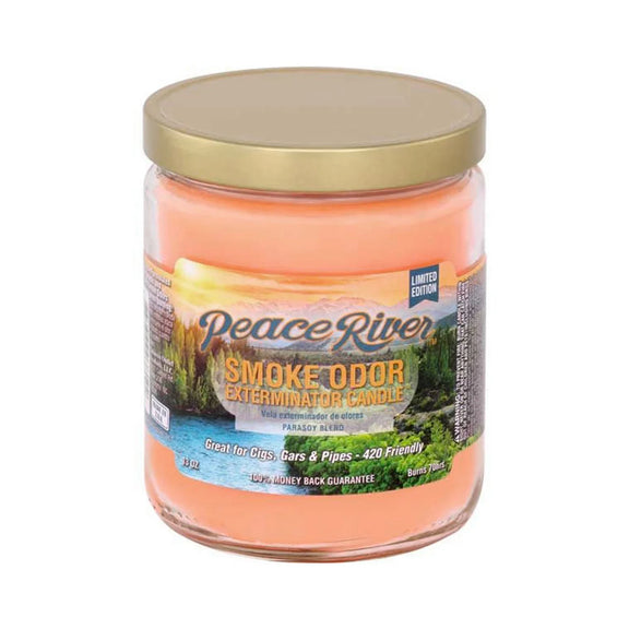Peace River Smoke Odor Exterminator Candle with gold lid on a white background
