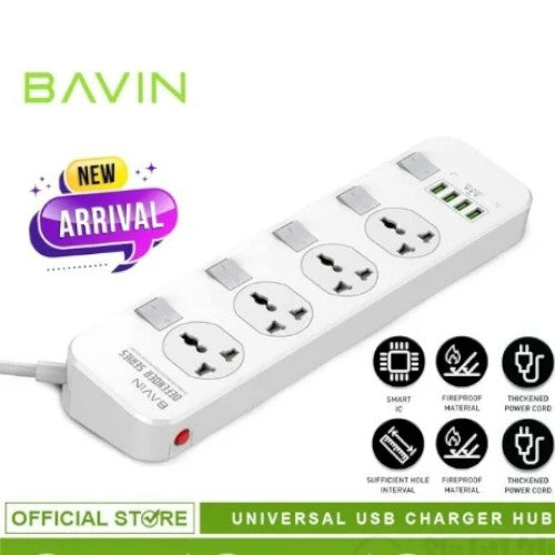 Bavin universal USB charger hub with multiple sockets and USB ports on a white background.