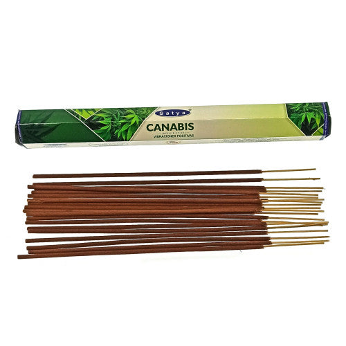 Box of Satya Cannabis incense sticks on a white background