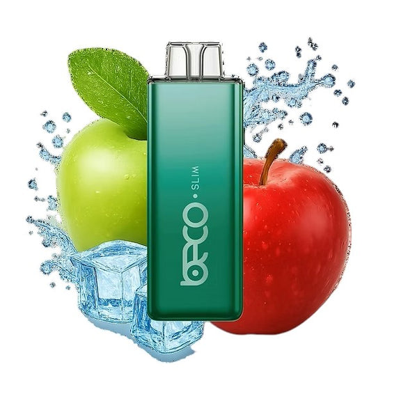 Green vape device with 'Vaporesso' branding between two apples and water droplets on a white background