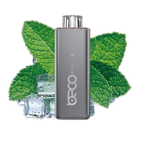 ORCO vape device with green leaves and ice cubes on a white background