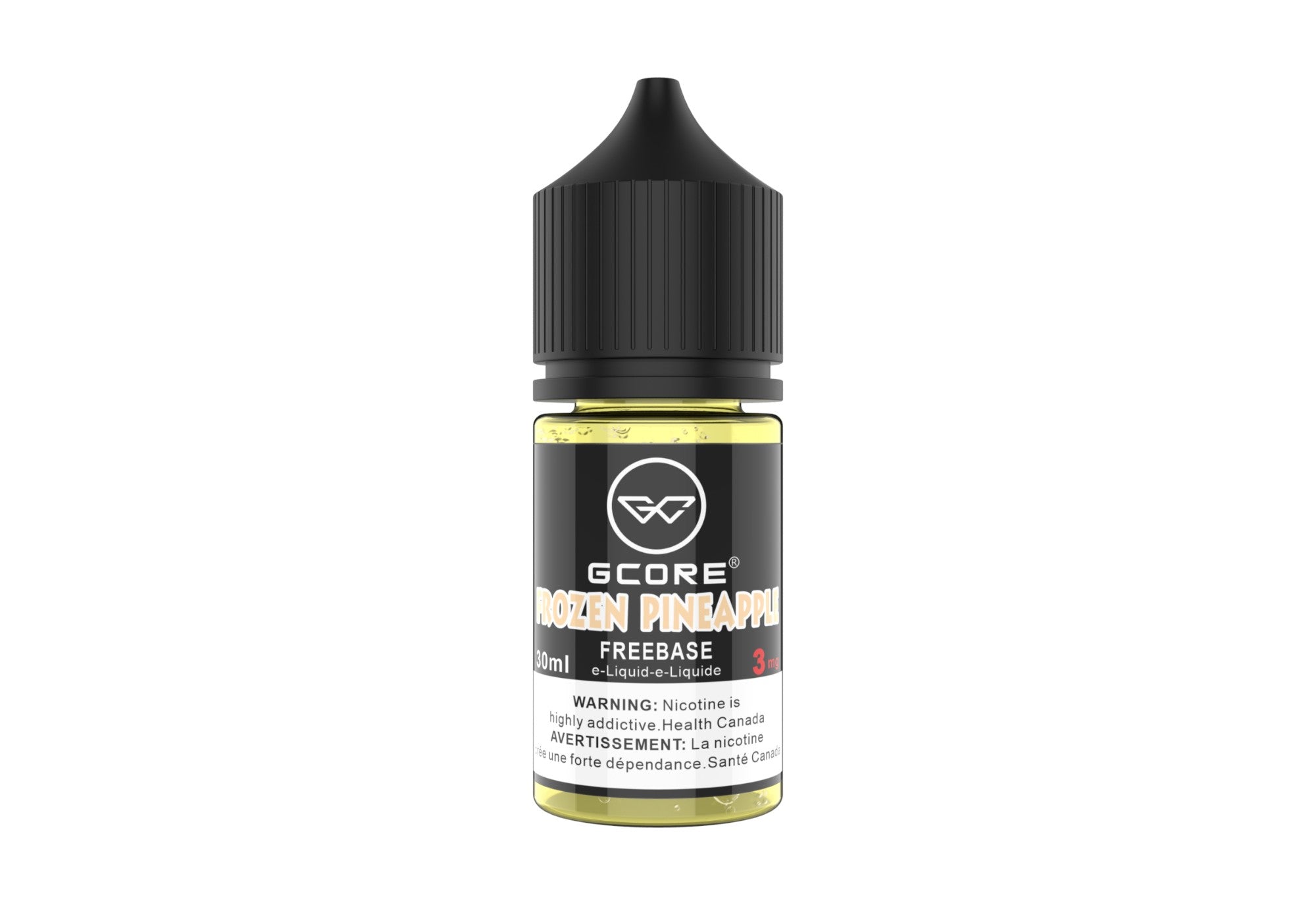 Vape juice bottle with black cap and labeled branding on a white background