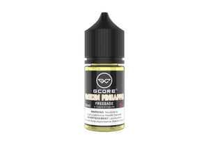 Vape juice bottle with black cap and labeled branding on a white background