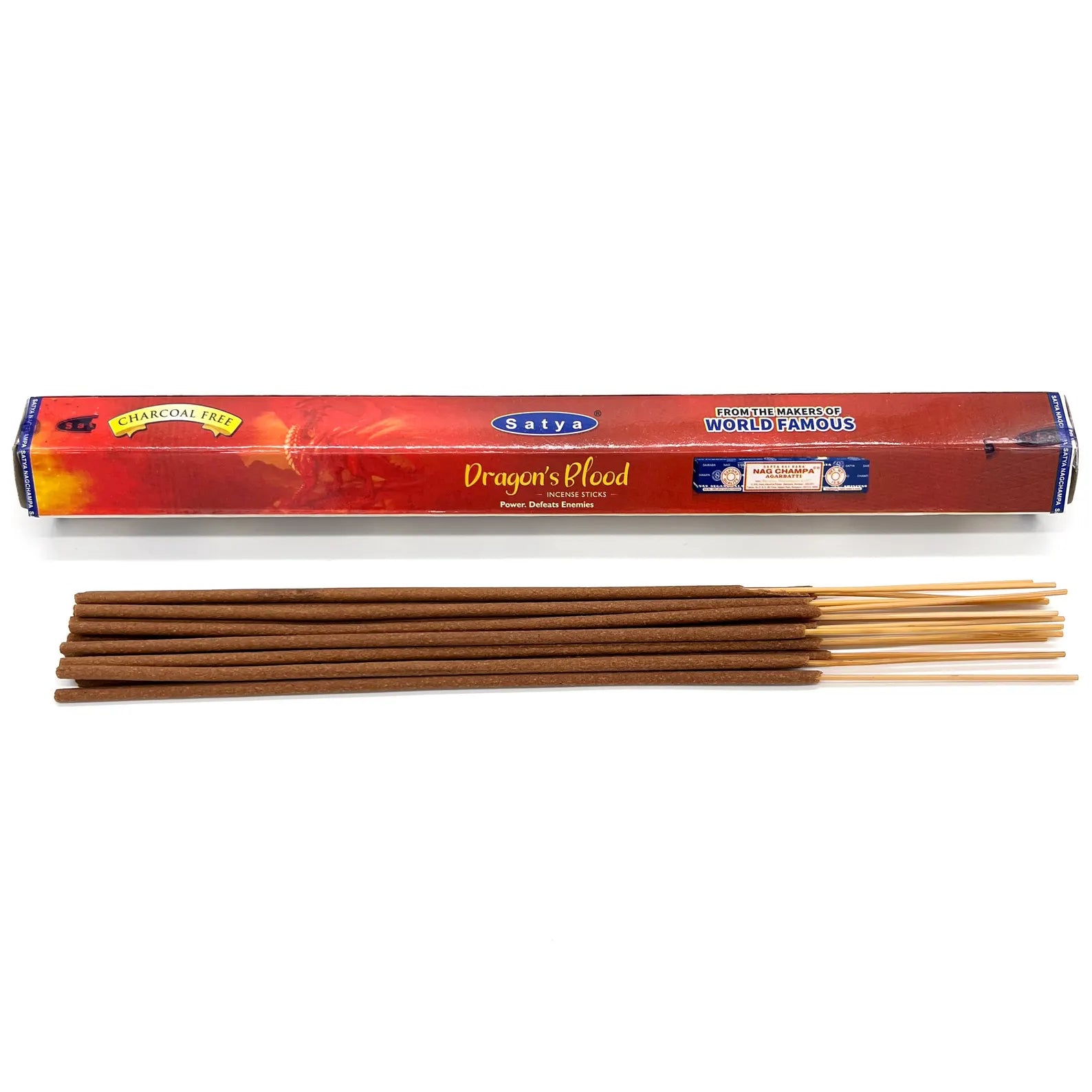 Satya Dragon's Blood incense sticks with packaging on a white background