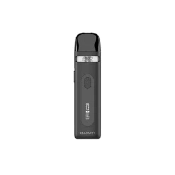 Black vape device with 'Caliburn' branding on a white background
