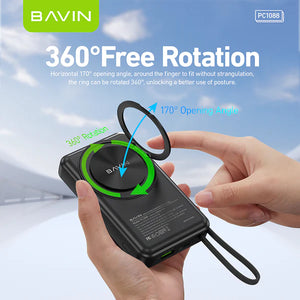 Bavin product with 360-degree rotation feature held by a hand against a sky background