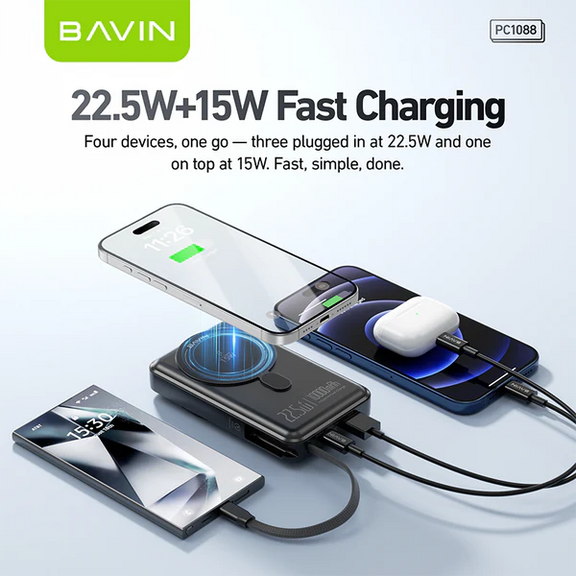 Bavin charging station with four devices being charged, featuring 22.5W and 15W fast charging.