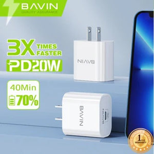 Bavin charging adapter with text on a blue gradient background