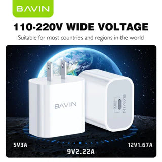 Bavin power adapter with 110-220V wide voltage feature on a dark background