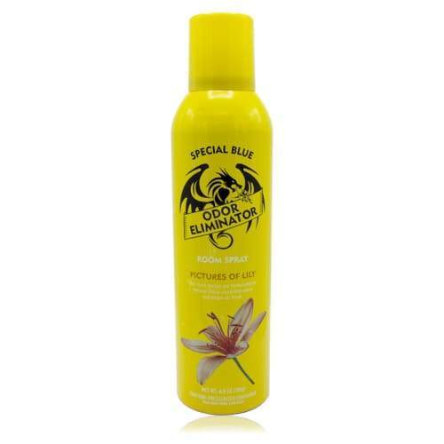 Yellow spray bottle labeled 'Special Blue Odor Eliminator' on a white background
