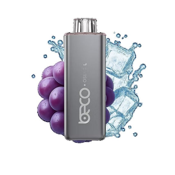 Gray vape device with grapes and ice cubes on a white background