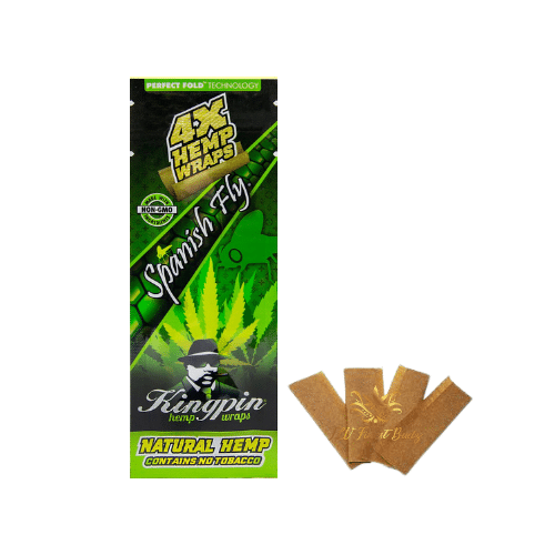 Pack of Kingpin Hemp Wraps with branding and product details on a white background