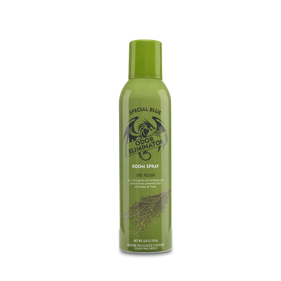 Green room spray bottle with branding on a white background