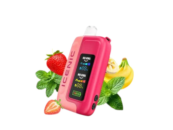 Pink vape device with 'ICENIC' branding surrounded by strawberries, bananas, and mint leaves on a white background
