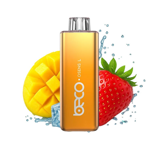 ORCO vape device with mango and strawberry graphics on a white background