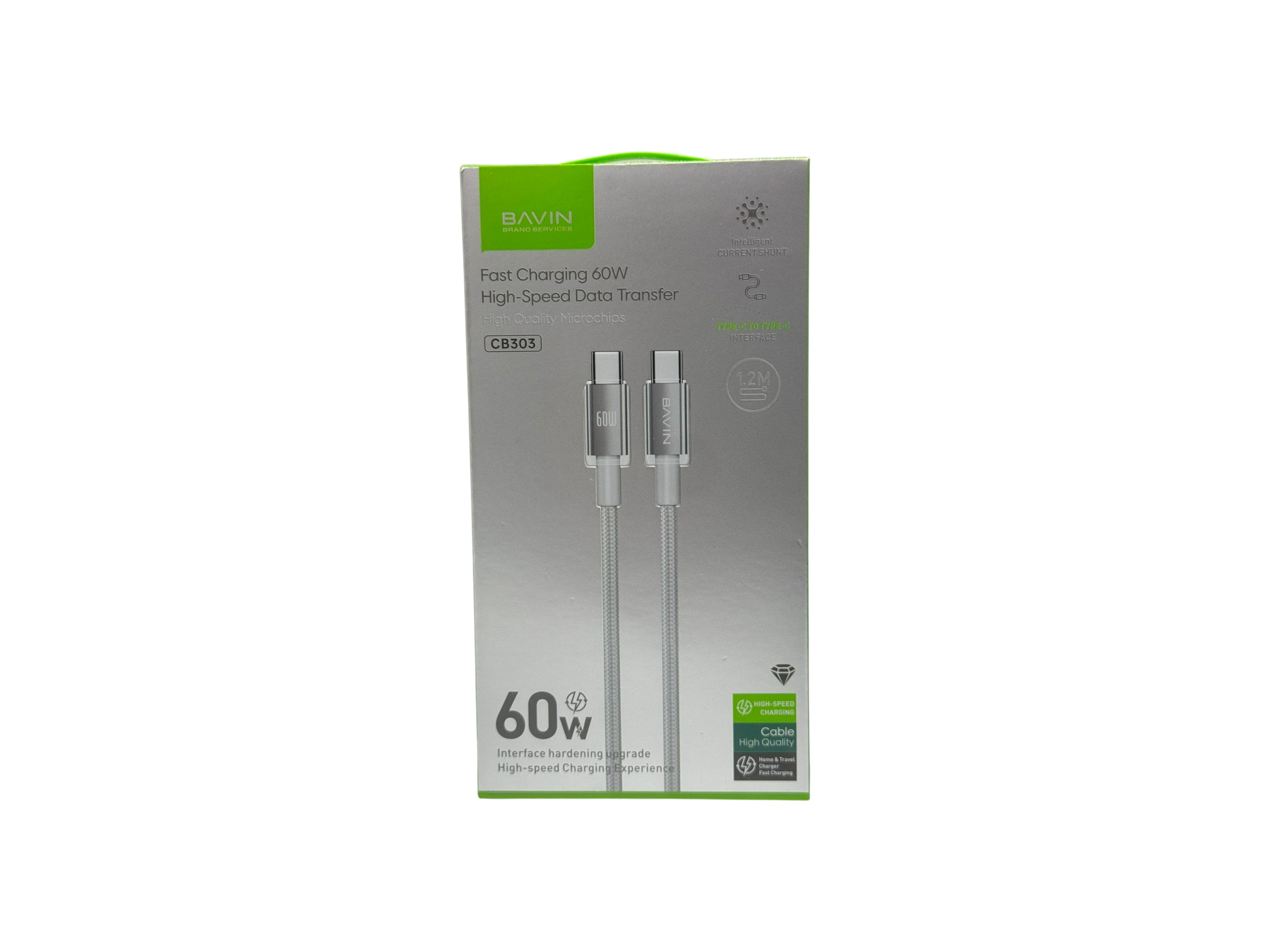Boxed electronic cable with '60W' label on a white background