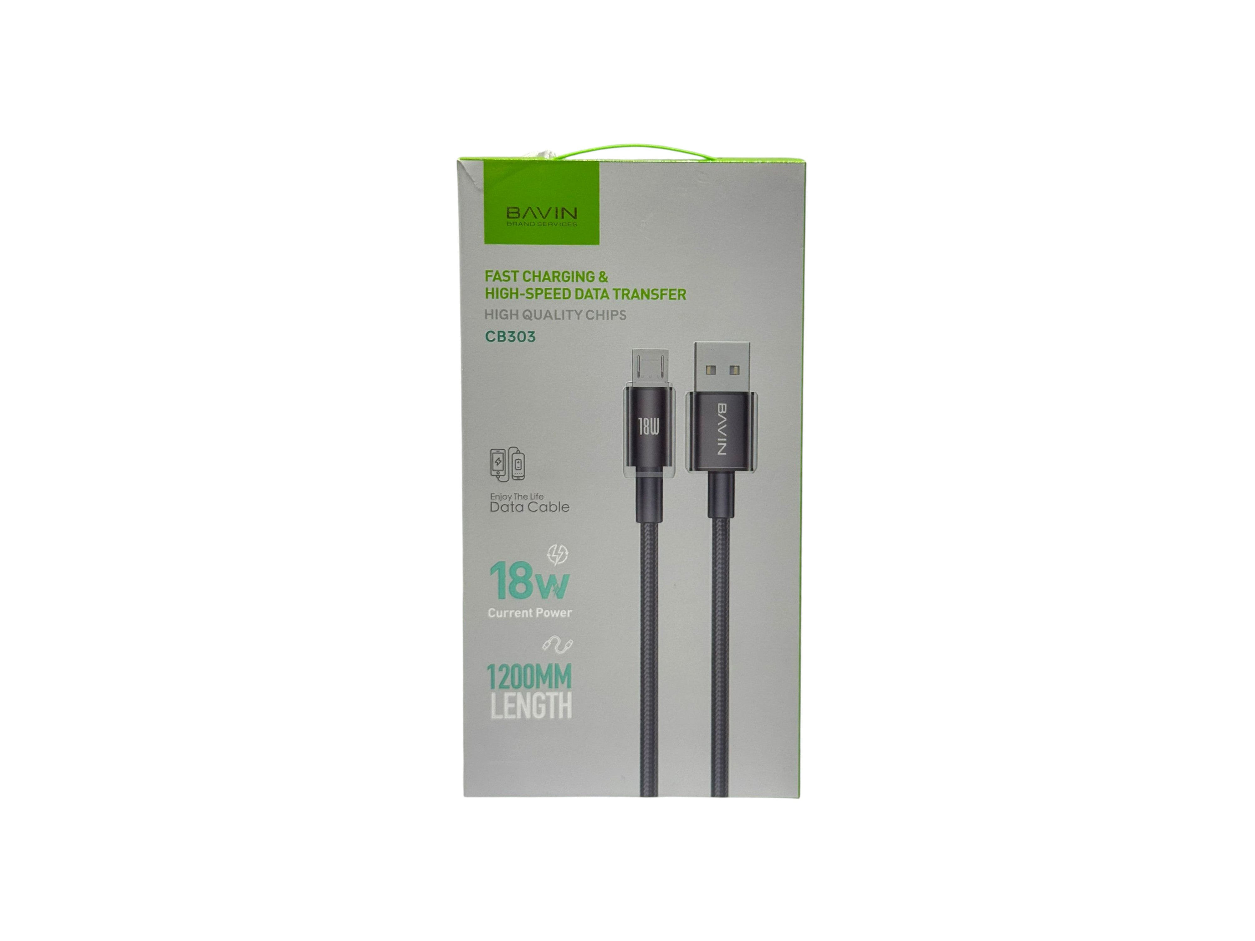Product packaging of a charging cable with specifications on a white background