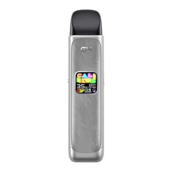Silver vape device with digital display on a white background