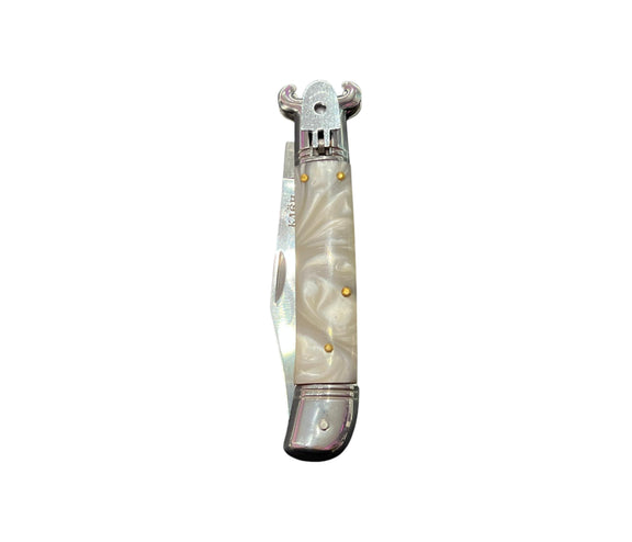 Foldable knife with decorative handle on a white background